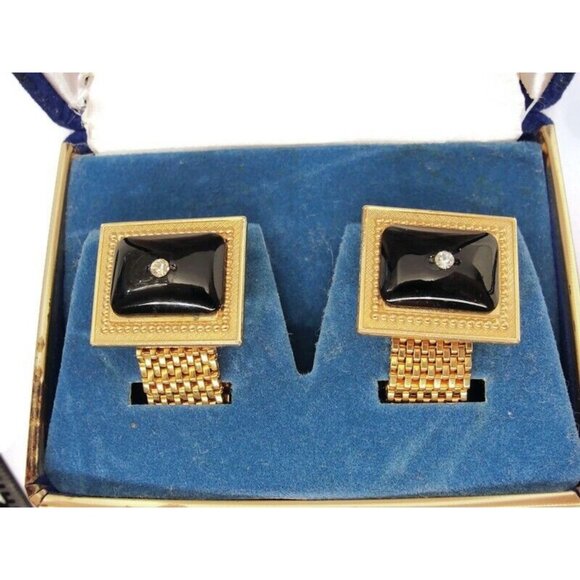 La Rue Mesh Rectangle Vtg Cufflinks Black & Gold Tone Tux Wedding Formal IOB - Picture 10 of 12